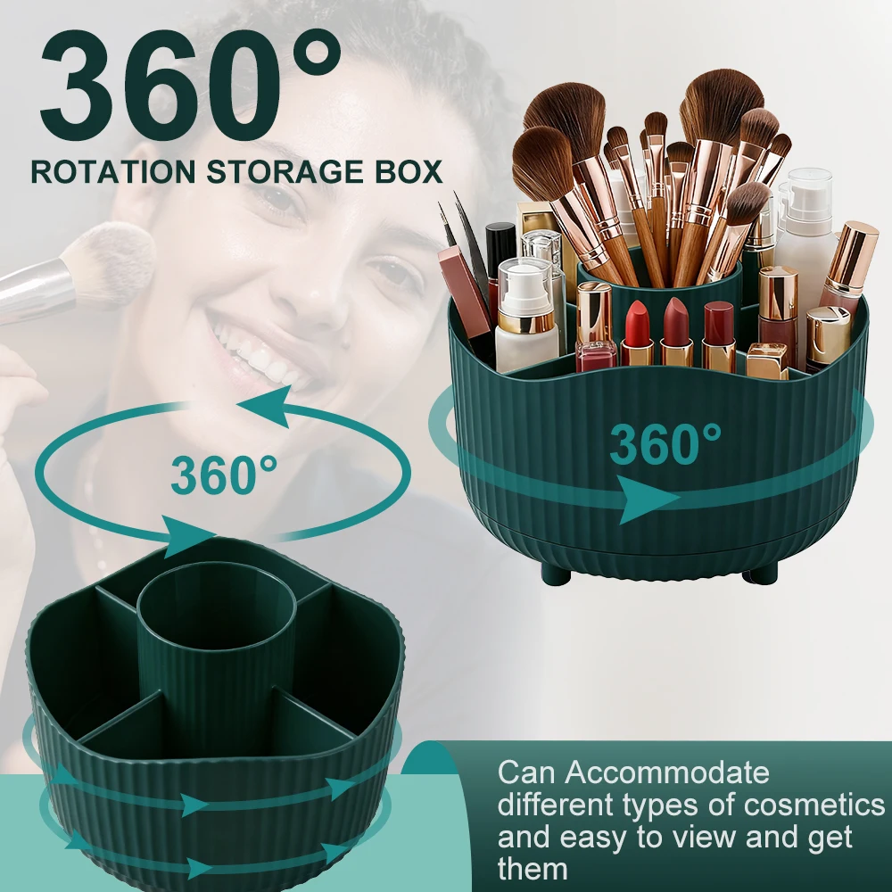 Rotating Dressing Table Storage Box, Cosmetic Display Case Makeup Organizer with Brush Holder Perfume Tray, Jewelry Container