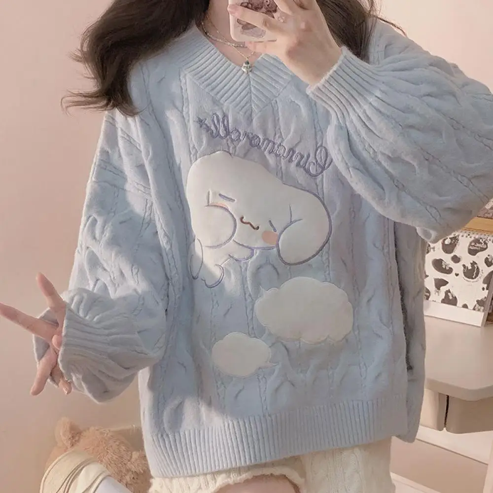 Kawaii Sweater Sanrioed Cinnamoroll Anime Lolita Jk Spring Autumn Knitting Student Girl Sweater O-Neck Tops Harajuku Loose Sweet