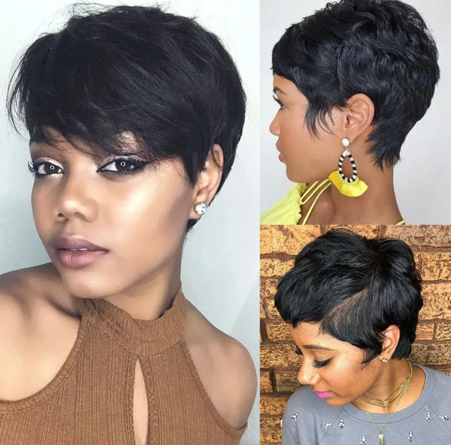 SEVENMOONS Pixie cut Straight Human Hair Short Bob Wig Cheap Remy Human Hair for Black Women Full Machine Made Wig For Daily Use