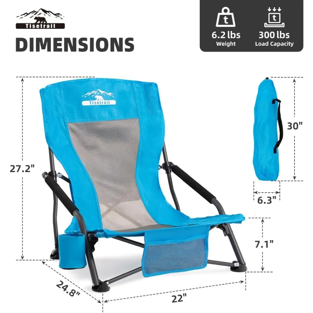 Low Profile Beach Chair with Cup Holder Folding Mesh Sand Chair for Adults Portable Lightweight Lowback Sling Chair