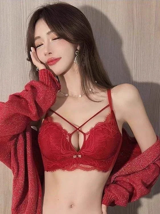 victoria's-red-zodiac-year-women's-underwear-set-lace-thiened-bra-ensemble-sexy-top-plus-size-gathered-flattering-neline