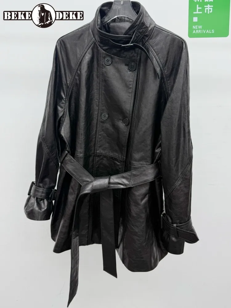 Office Ladies Loose Single-Breasted Genuine Leather Jackets Solid Color Turn Down Collar Long Sleeves Pockets Sheepskin Outwear
