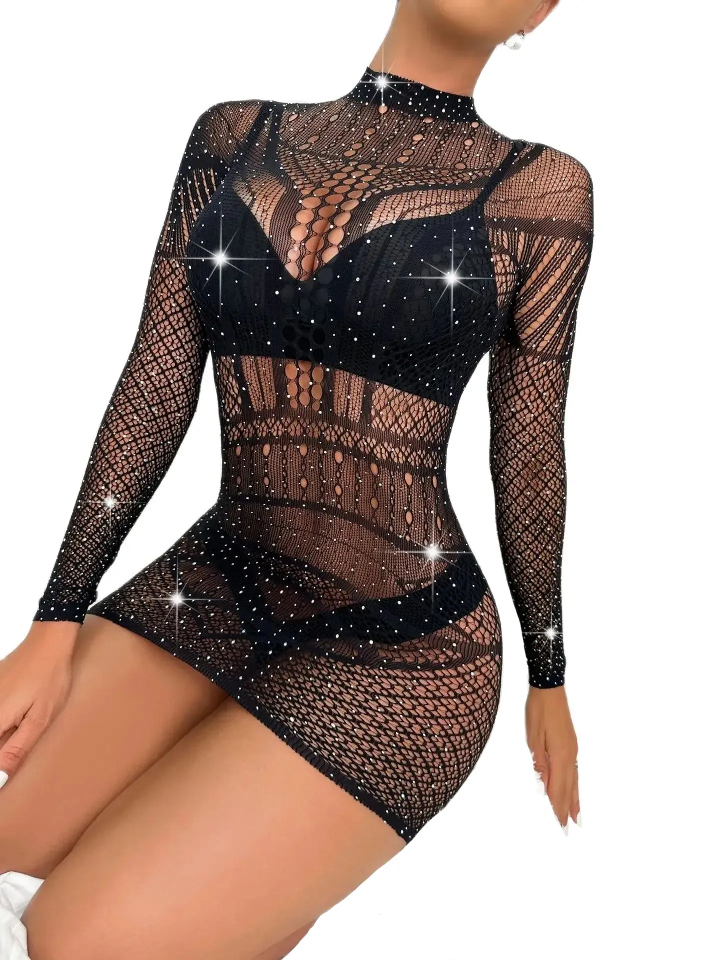 Rhinestone Bodysuits Sexy Lingerie Exotic Pole Dance Wear Booty Fishnet Skirt Underwear Teddies Long Sleeves Night Bar Clothing