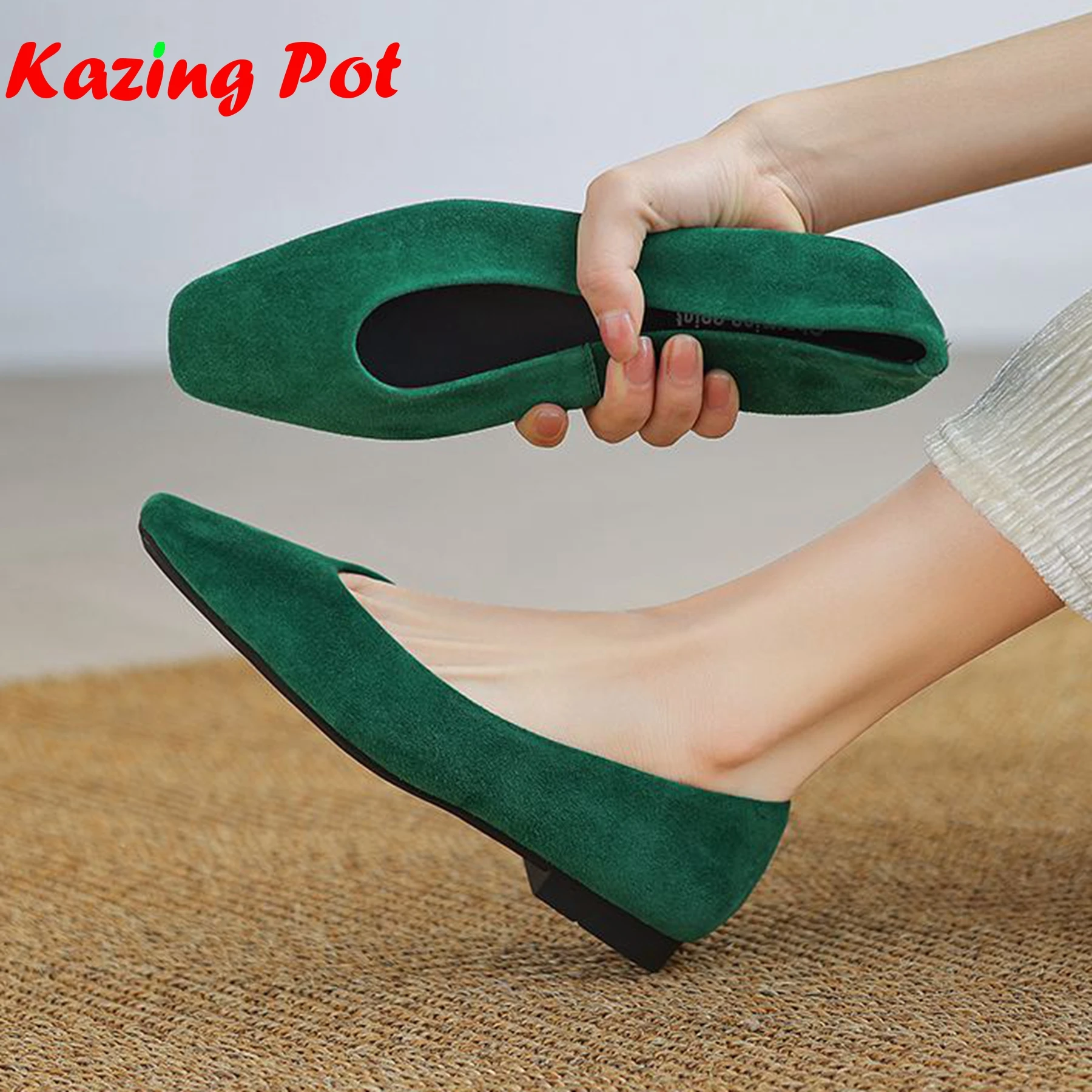 

Krazing Pot 2025: летние туфли из овечьей замши с квадратным носком, большой размер 42, Dating Ins, неглубокий европейский дизайн, женские зеленые туфли-лодочки на низком каблуке