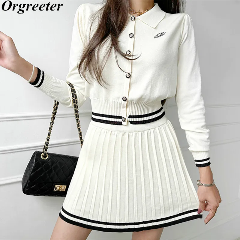 Sweet Knitted Two Piece Set Women Preppy Style Pleated Skirt Sets Fall Small Fragrant Sweater Cardigan & Skirts 2 Piece Suits