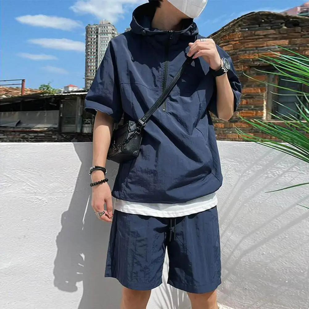 Summer Cargo Style Set Men\'s Casual Hooded Solid Short Sleeve T-shirt Shorts Loose Fashion High Quality Handsome Sweatshirt Suit