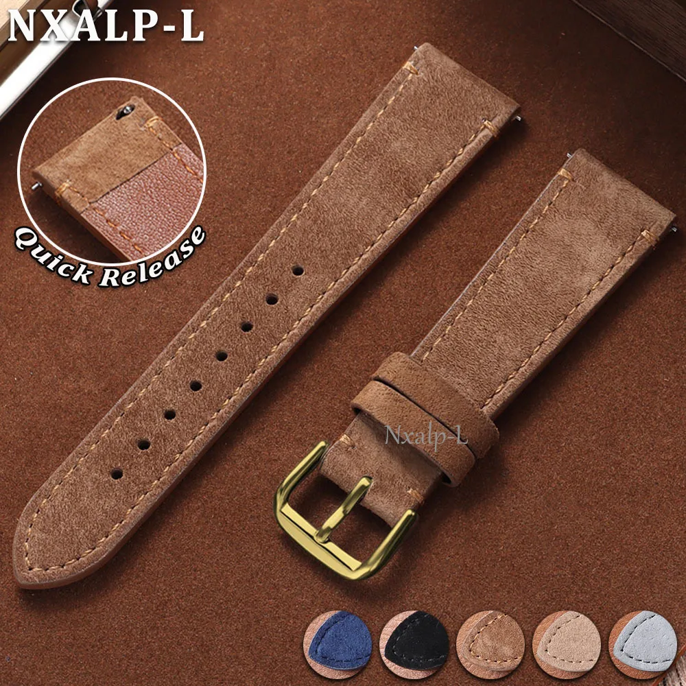 Suede Cowhide Watch Strap 20mm 22mm for Seiko for Omega Vintage Handmade Stitching Bracelet Quick Release Women Men Wristband