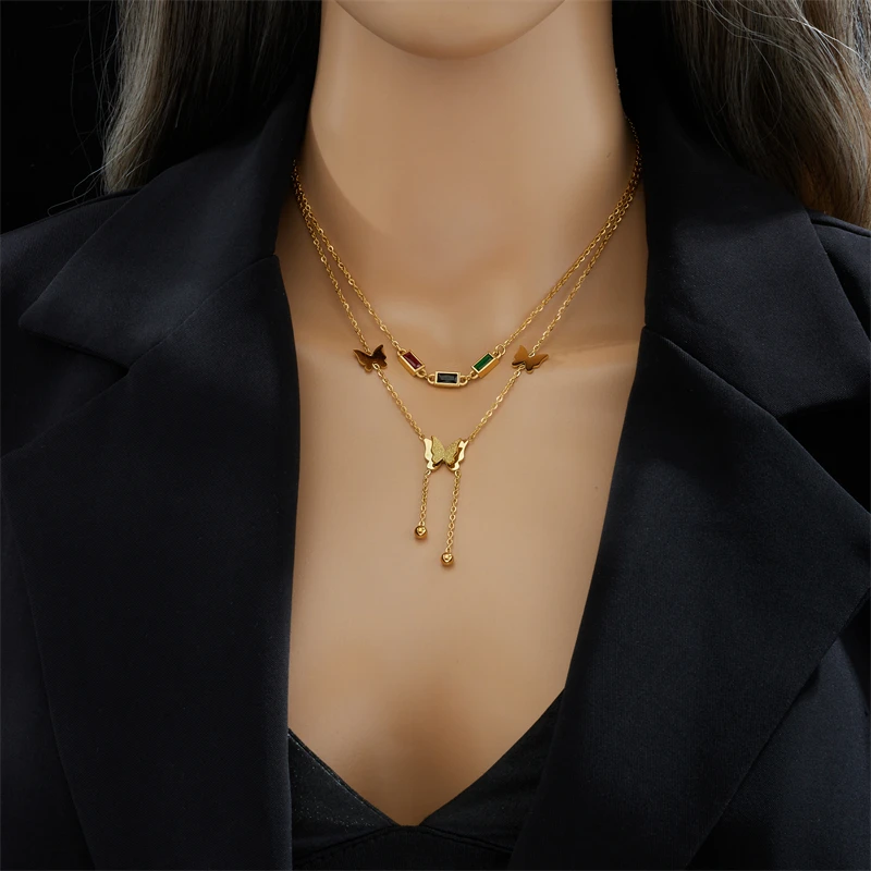 DIEYURO 316L Stainless Steel Colorful Zircon Butterfly Long Pendant Necklace For Women Fashion Girls Clavicle Chain Jewelry Gift