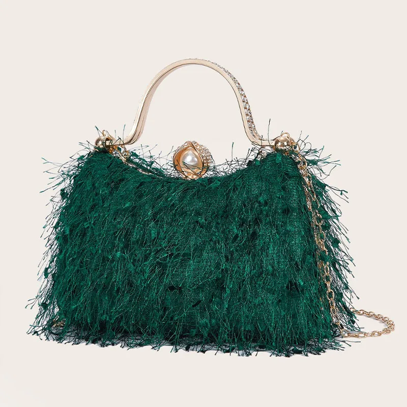 Tassel Evening Party Women Handbags Nylon Luxury Wedding Feather Female Clutch Elegant Feather Shoulder Crossbody Bag Green Bags