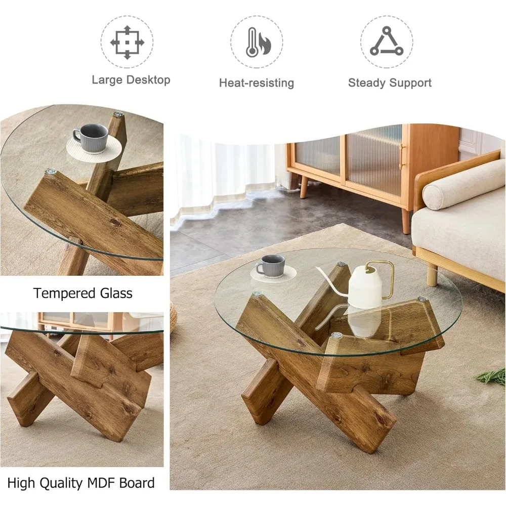 Tavolino da caffè rotondo moderno della metà del secolo con piano in vetro e base con finitura in legno, tavolino da caffè circolare da 33,4 pollici, unico