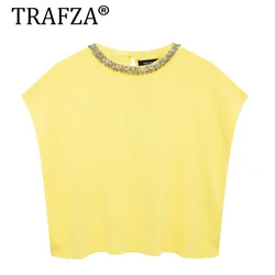 TRAFZA Vintage Chic Women Knitted T-Shirts Solid Short Sleeve Diamond O-Neck Top New Fashion 2024 Autumn Casual Vest Sweaters