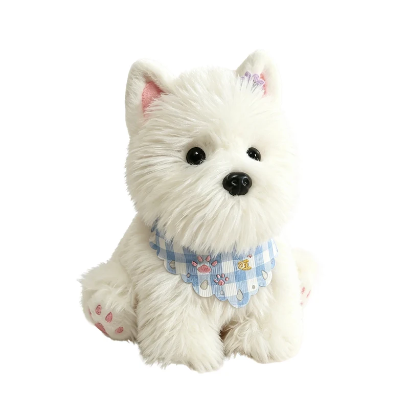 Kawaii West Highland Terrier Stuffed Puppy Plush With Floral Hair Clip Check Bib Adorable Companion Toy Present