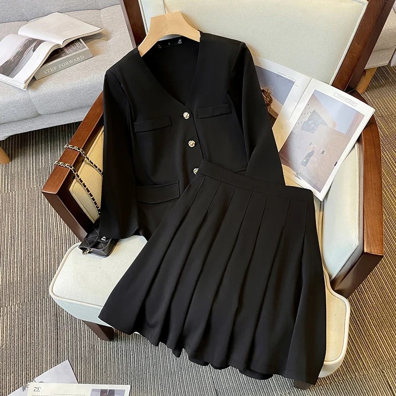 

Insozkdg 2024 Spring Autumn Two-piece Set Women V Neck Suit Tops + Long Pleated Skirt Female Black Loose Matching Skirt Suits