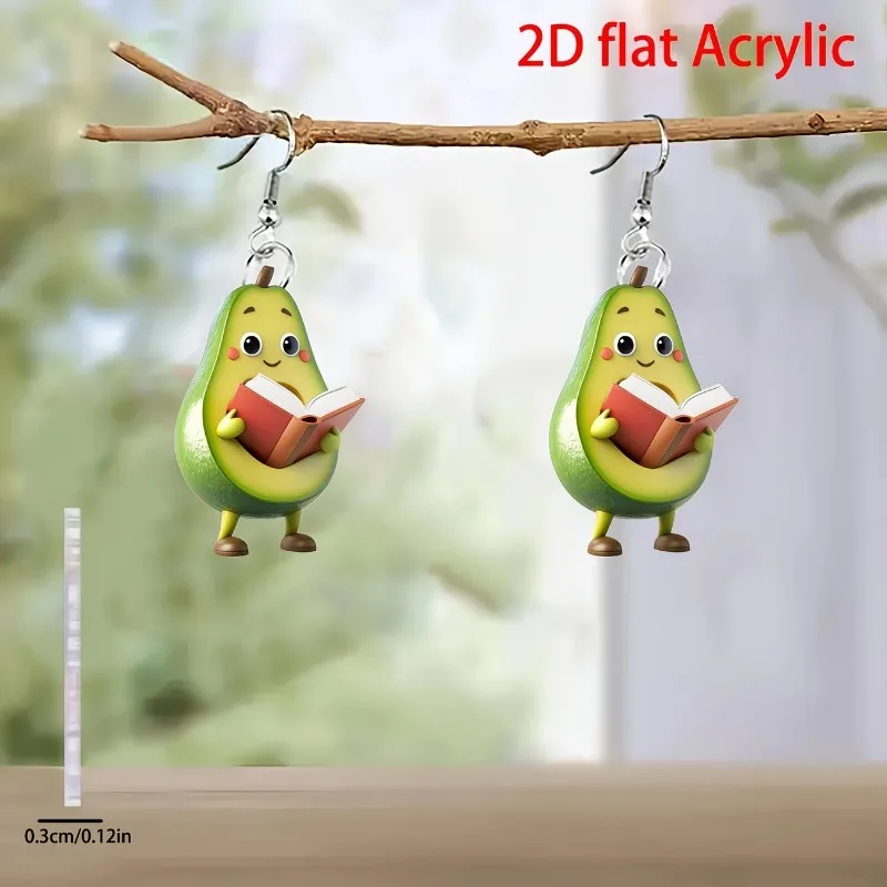 Personality Flat Earrings Avocado Reading Hot Selling Acrylic in Europe and America Creative Cartoon Jewelry Gift Funny Earrings
