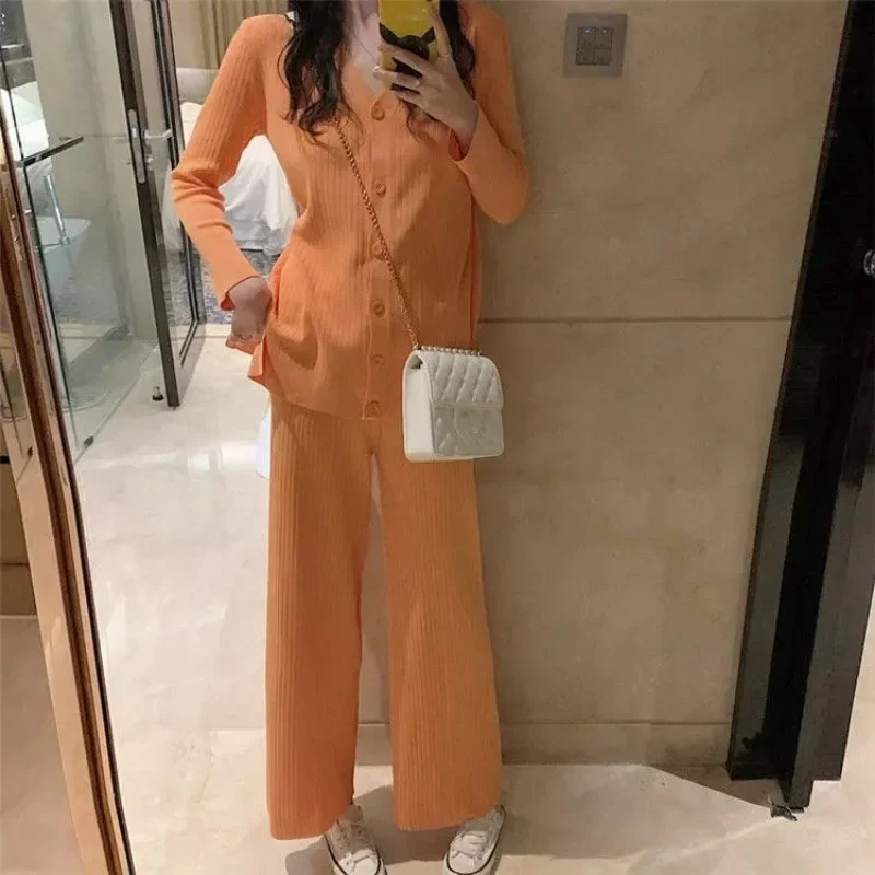 Loungewear Can Be Worn Outside Spring and Autumn New Style Knitted Suit V-neck Fallow Wide Leg Pants Look Slimmer Two-piece Ms.