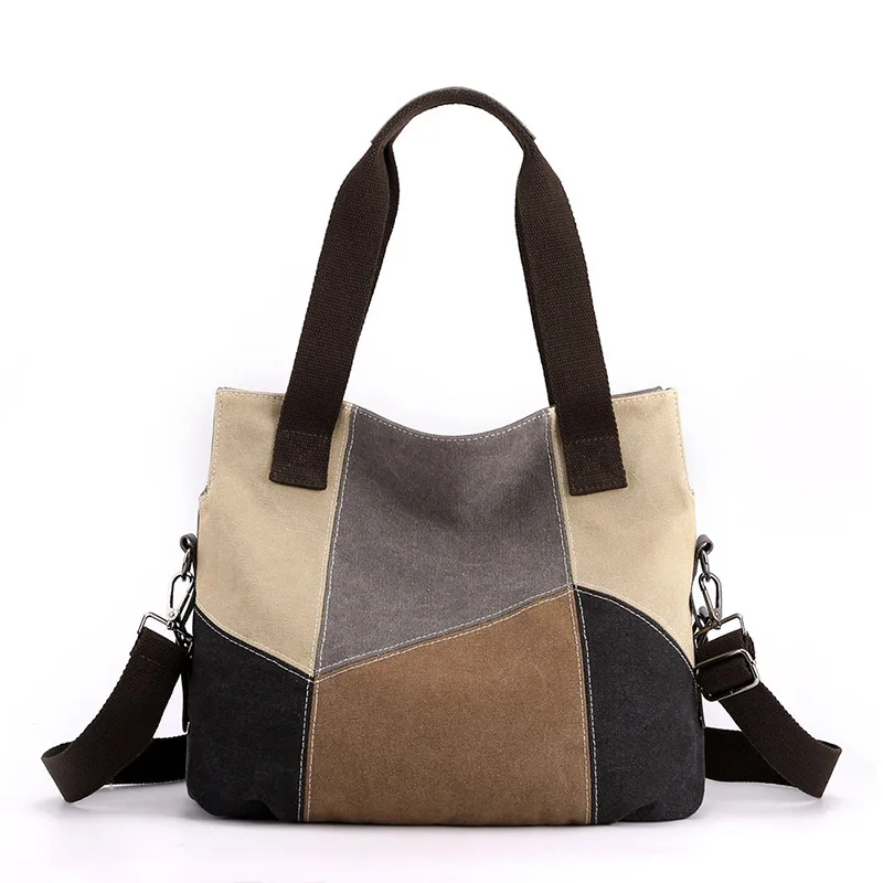 

2025 Color-Block Canvas Tote Bag Women, Vintage Patchwork Shoulder Purse with Top Handle, Spacious Retro Handbag, Chic & Roomy​