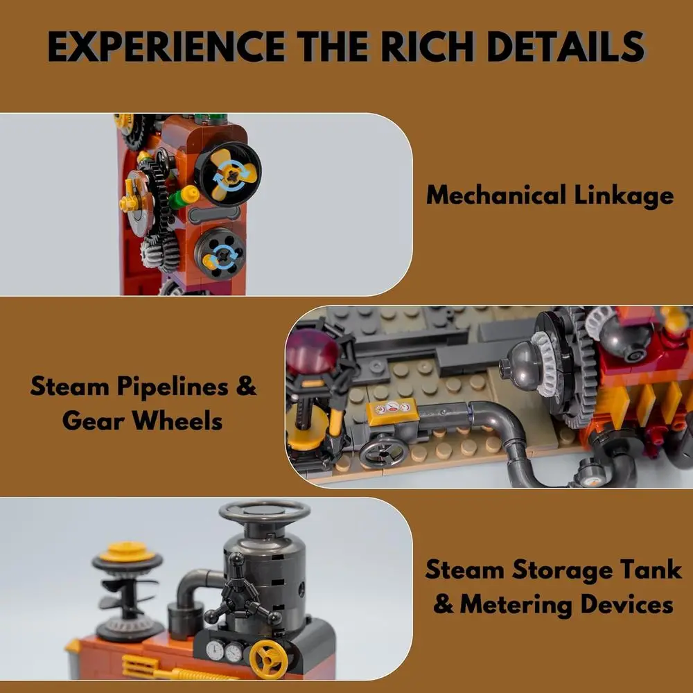 Podpórki do książek w stylu steampunk z klockami konstrukcyjnymi, funkcją podświetlania, szczegółowym mechanizmem (1252 elementy)