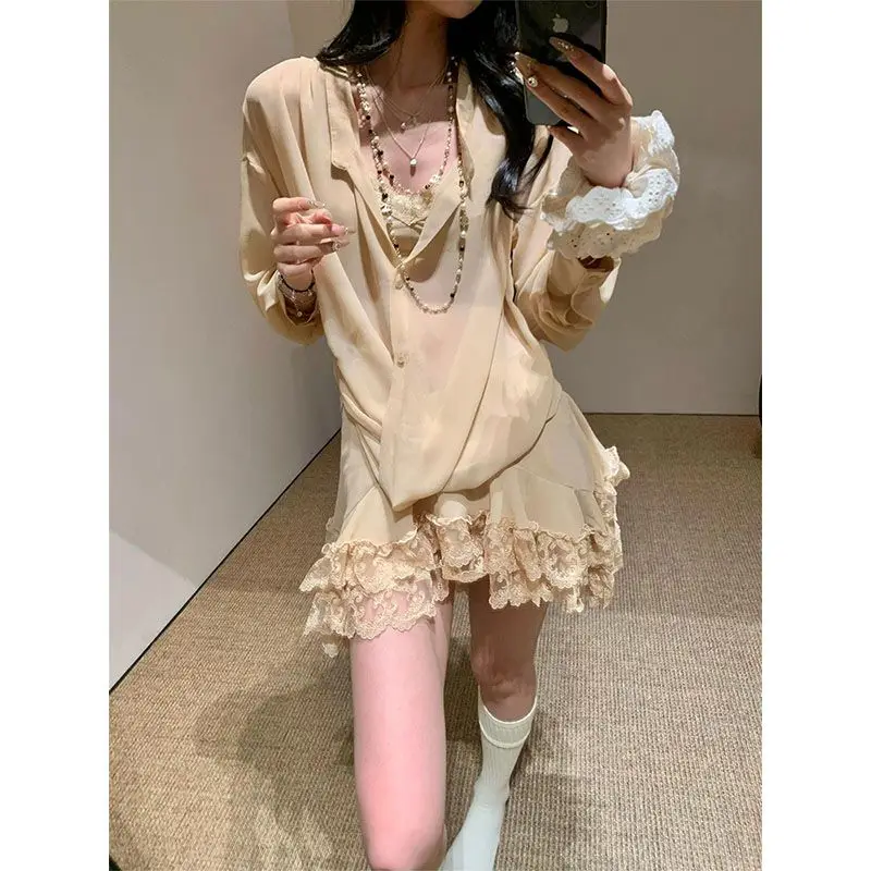 

Japanese Vintage Suits Chic Retro Outfits Korean Fashion 2 Piece Sets Women Striped Y2k Crop Top Blouse + Mini Rompers Harajuku