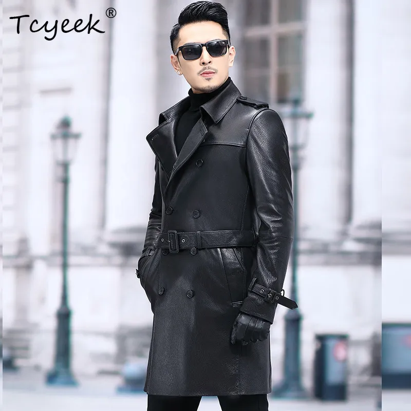 Tcyeek Real Leather Jacket Men Autumn Clothes Natural Deerskin Mens Coats Mid-length Trench Coat  Belt Trendy Jaqueta De Couro