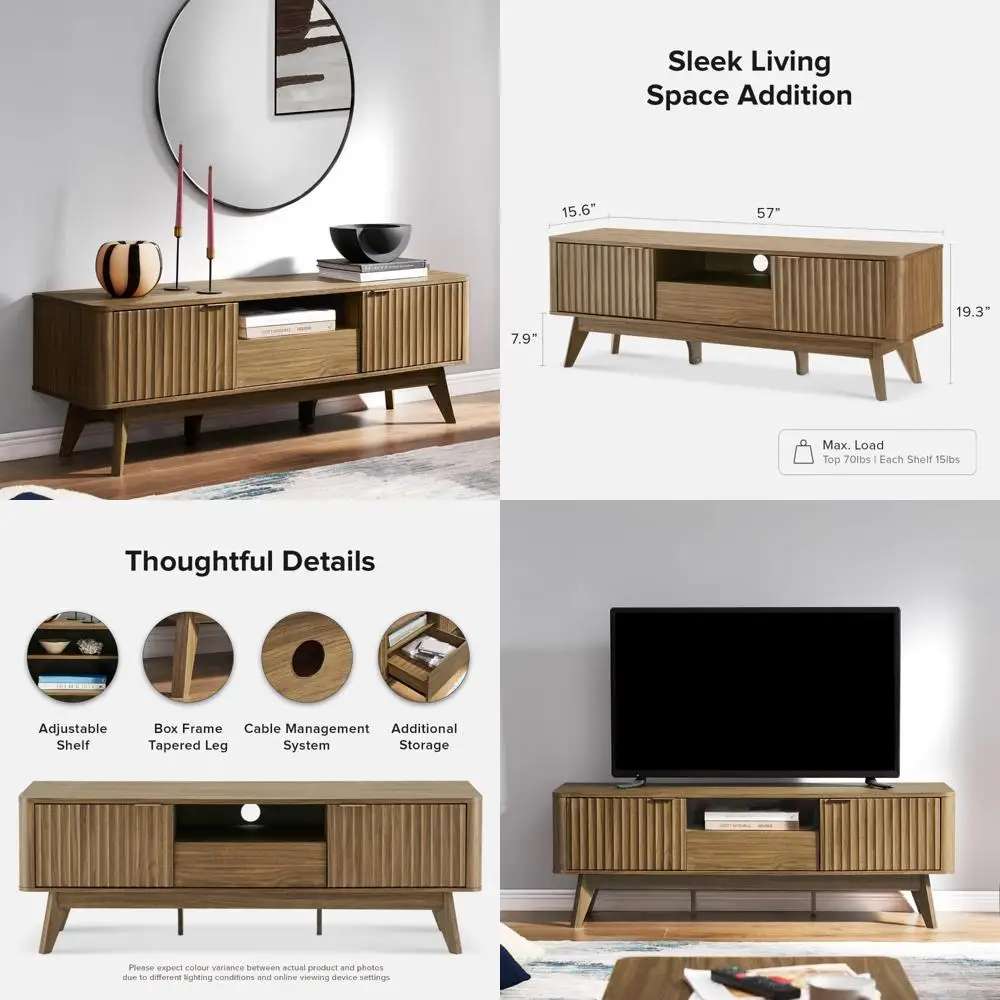 Soporte para TV moderno de mediados de siglo para 50 televisores, estilo Brooklyn, panel de 59 formas onduladas, estante ajustable, diseño curvo elegante