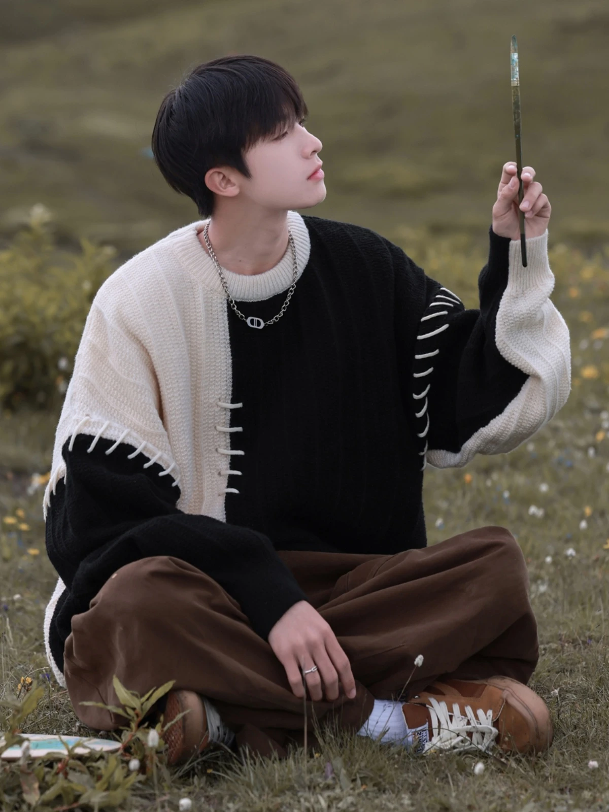 

Color Blo Contrast Sweater Loose Casual Design Men's Knittedwear round Ne Other Material Youth Trend Autumn Winter Faion