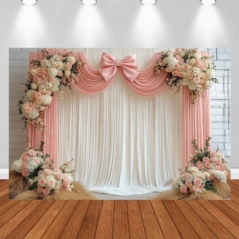 LS Memorial Day Photography Background Sweet Pink White Bow Curtain Floral Decor Wedding Adult Portrait Photo Backdrop Studio