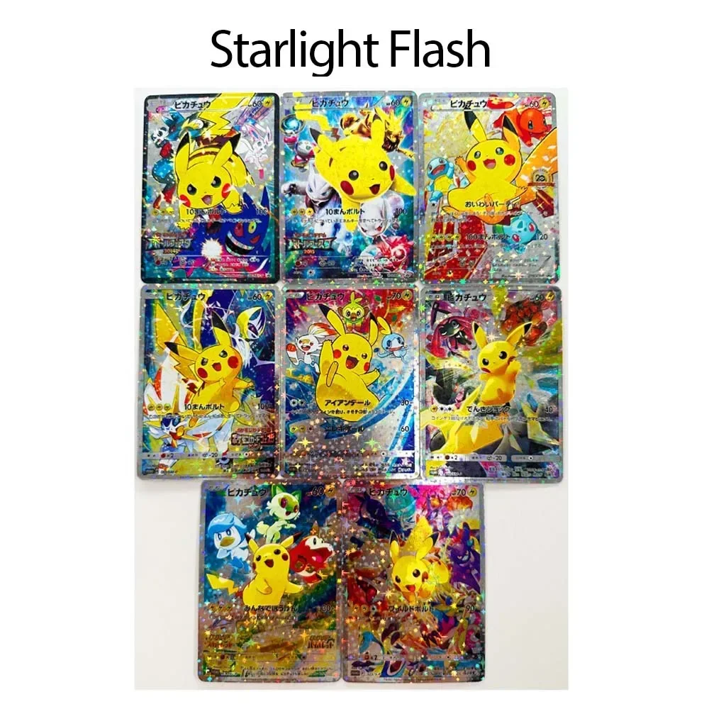 Cartão de coleção diy série caseira japonês pikachu celebração ptcg três tipos de anime piscando periférico presente de feriado