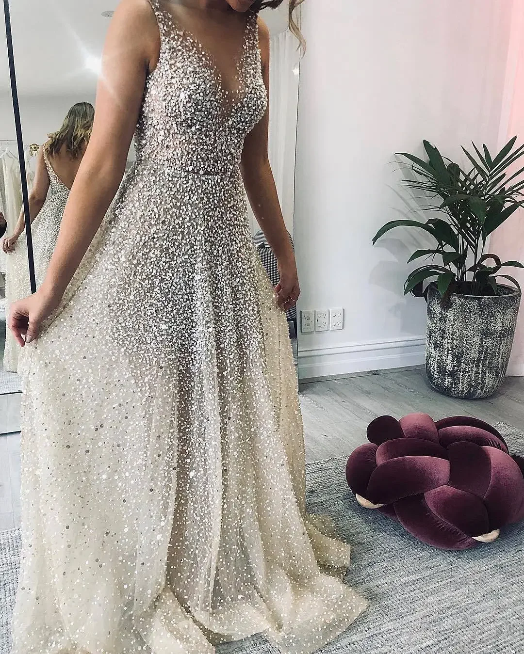 Shiny Sequin V-neck Long Dress Gradual Color Draping Gown for Women Elegant Princess Style Midi Dress Summer 2025 Fashion