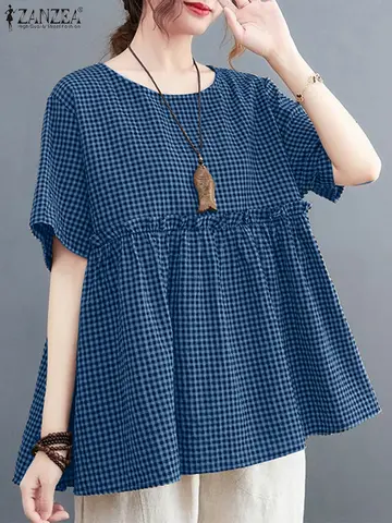 2025 ZANZEA Women Plaid Checked Blouse Summer Casual O Neck Short Sleeve Blusas Loose Tops Stylish Ruffled Work Shirt Oversize