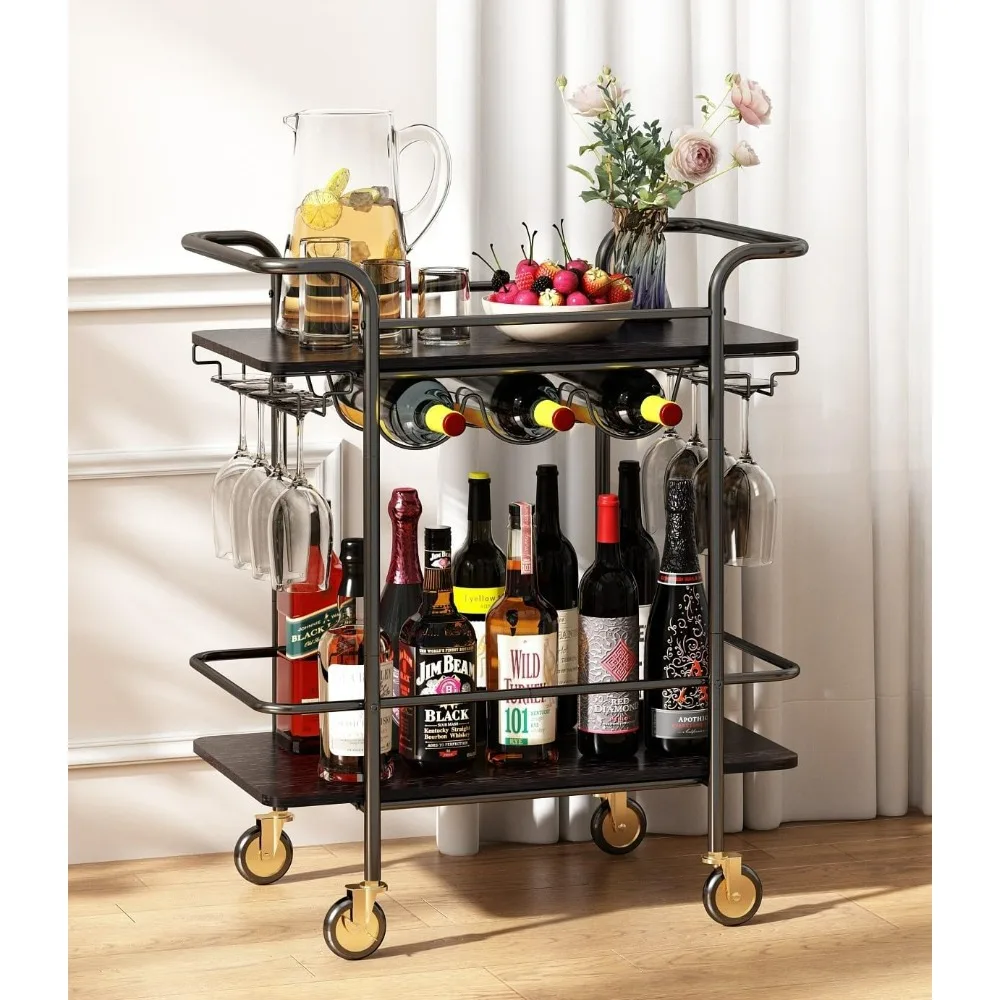 【2 Tier】Bar Cart with Wheels, Outdoor Bar Cart for The Home with Wine Rack and Glass Holder, Kitchen Serving Cart for Home,Party