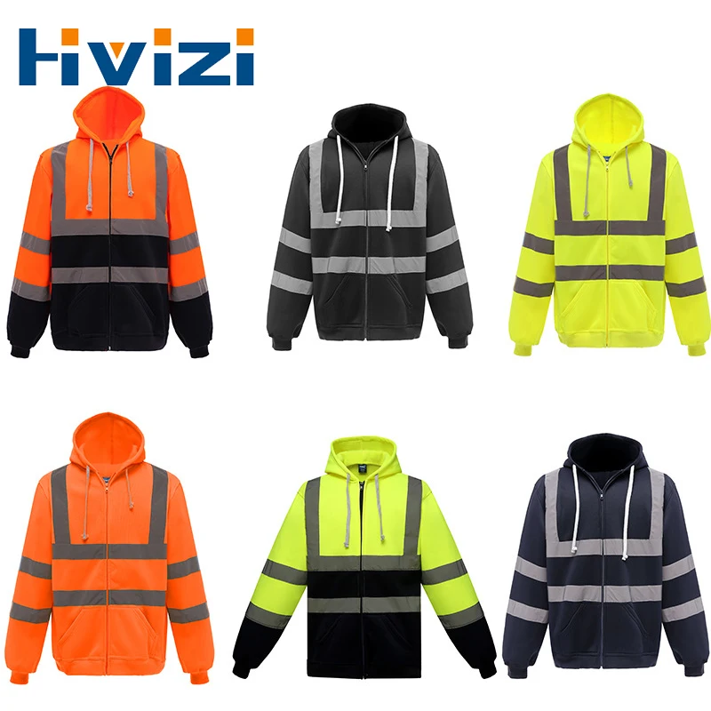 Reflective Stripe Hoodie Men Long Sleeve Zipper Hooded Sweatshirt Spring Autumn Safety Workwear Outwear with Pockets