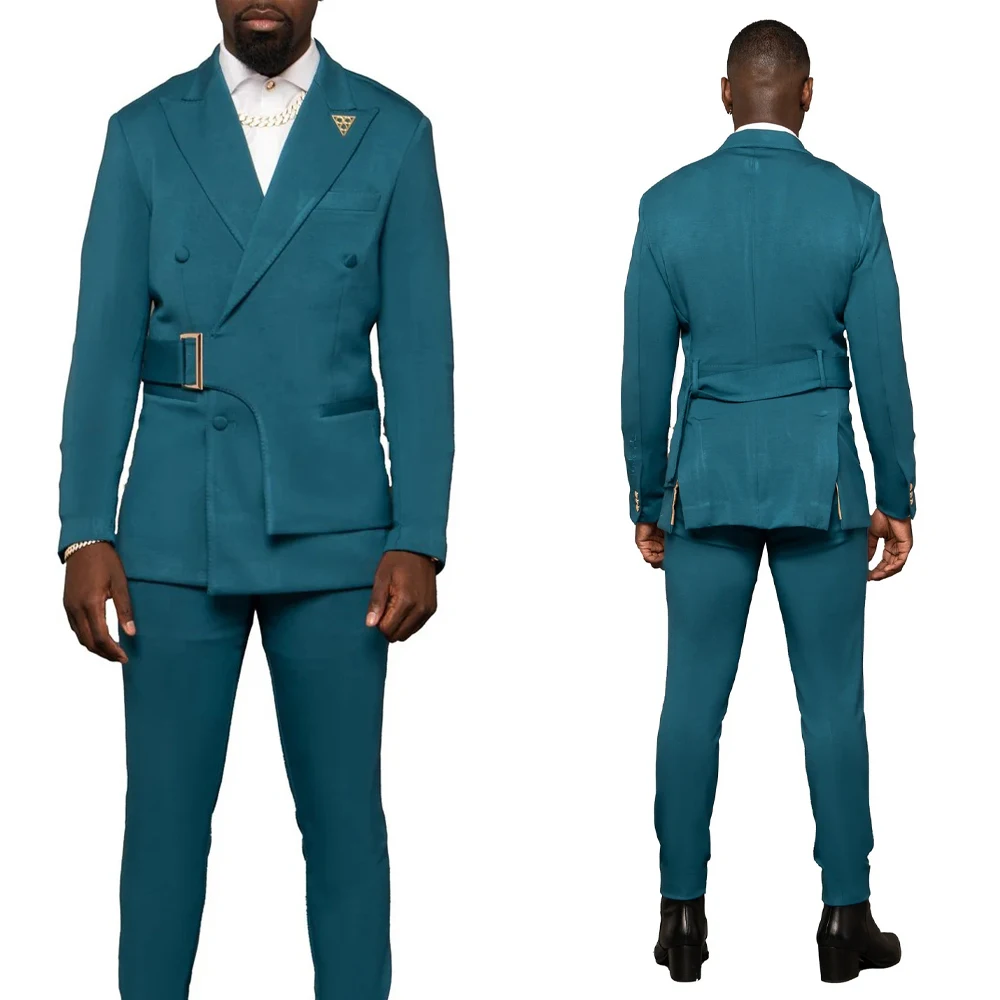 Men's Double Breasted Notch Lapel Deep Teal 2 Piece Suit with Side Buckle Belt and Metal Lapel Pin Slim Fit Custom Made M264528