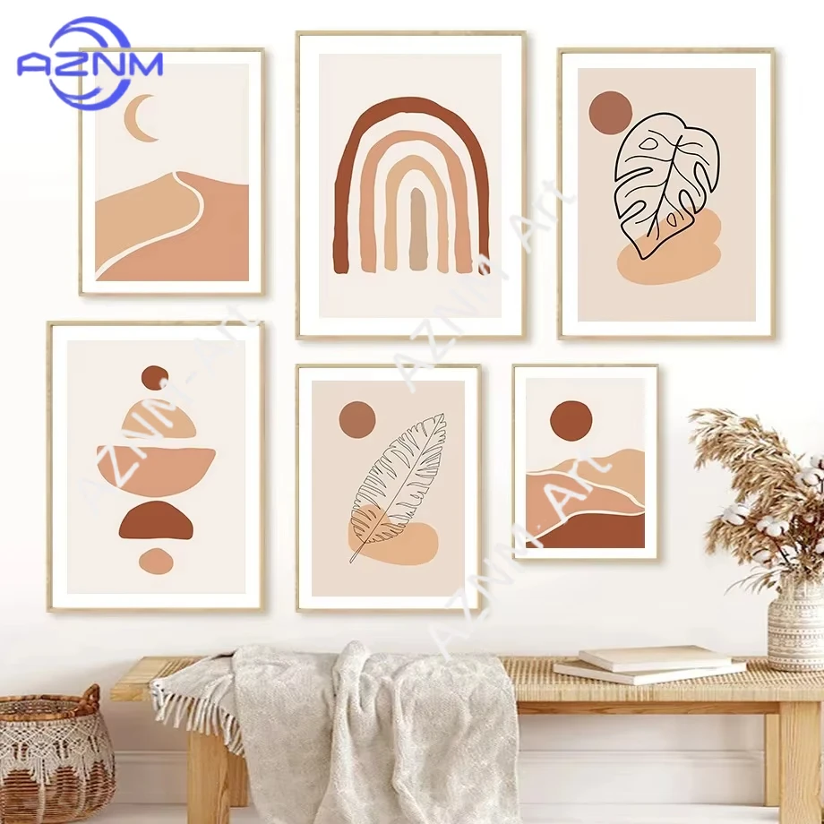 1 Stück/6 Stück Landschafts-Sonnen-Mond-Formen im Bohemian-Stil Minimalistische Wandkunst Leinwandgemälde Poster für Wohnzimmer Moderne Dekoration