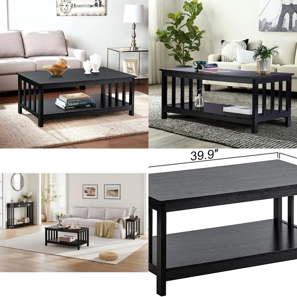 

Black Wooden Living Room Coffee Table with Shelf, 40