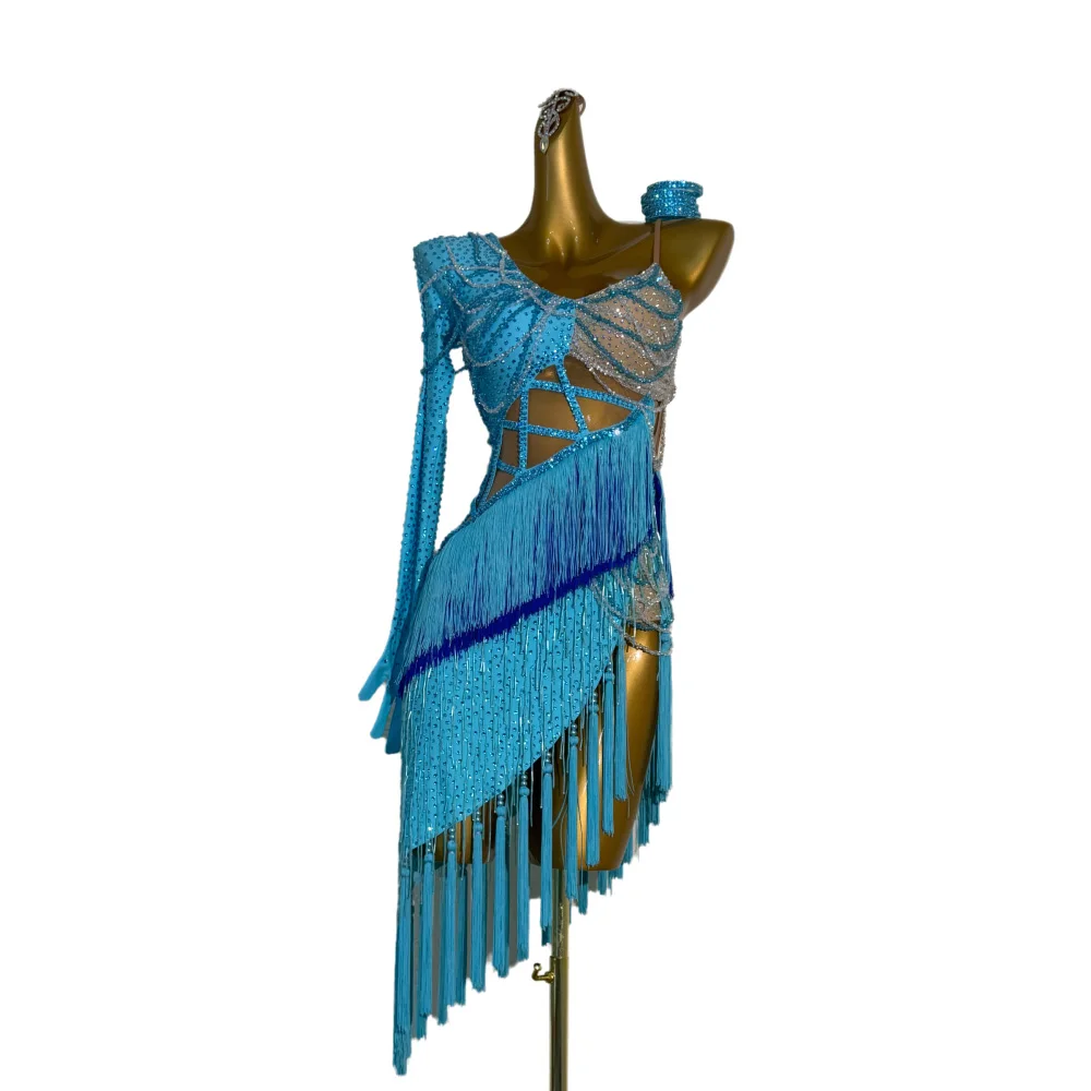 

Латинские танцы AB Stone для женщин, взрослых и детей, элитная юбка с полой кисточкой на заказ, черное платье для выступлений в бассейне, самба