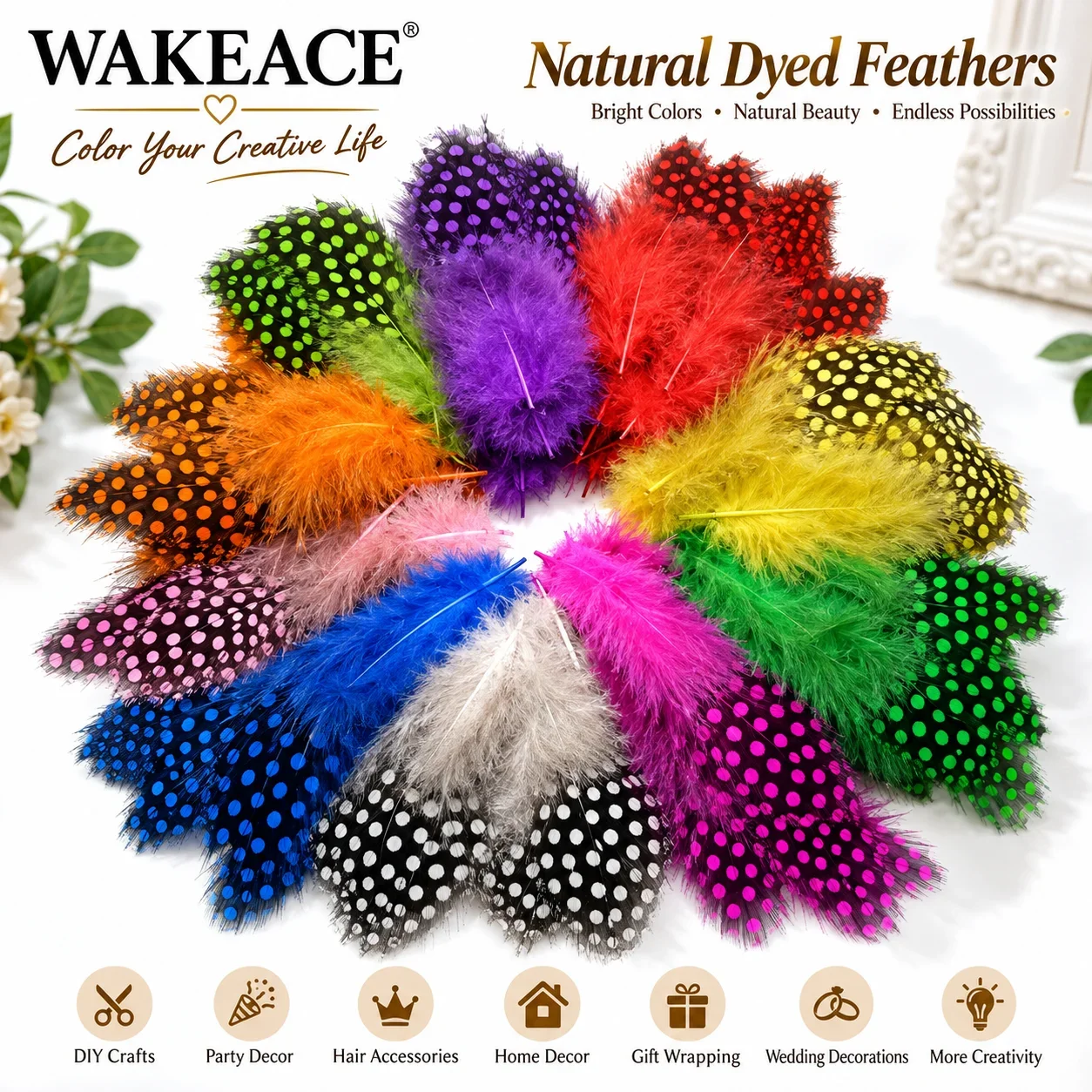 300PcsNatural Dyed Guinea Fowl Feathers Colorful Spotted Craft Feathers for DIY Hair Accessories Party Decor Wedding Decorations