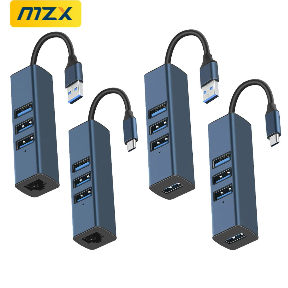 MZX 4 Ports USB Hub 3.0 2.0 A Type C Concentrator Aluminum Multi Splitter Multiple Expander Extension Adapter Hubs RJ45 100Mbps