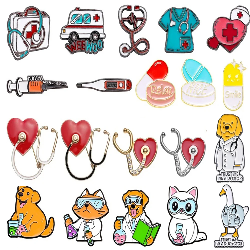 Medical Metal Brooch Needle Tube Stethoscope First Aid kit Cat Nurse Dog Doctor Animal Patient Medical Badge Punk Pins Jewelry