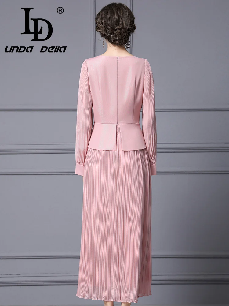 تنورة LD LINDA DELL ذات ثنيات على شكل خرز أظافر وردي كريمة وجوية ورقبة دائرية وأكمام طويلة بقصة ضيقة فستان عصري عالي