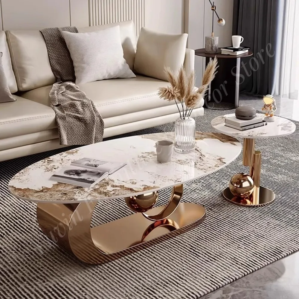 Italian Light Luxury Oval Metal Stone Slab Top Coffee Table for Living Room Small Apartment High-end Simple Design