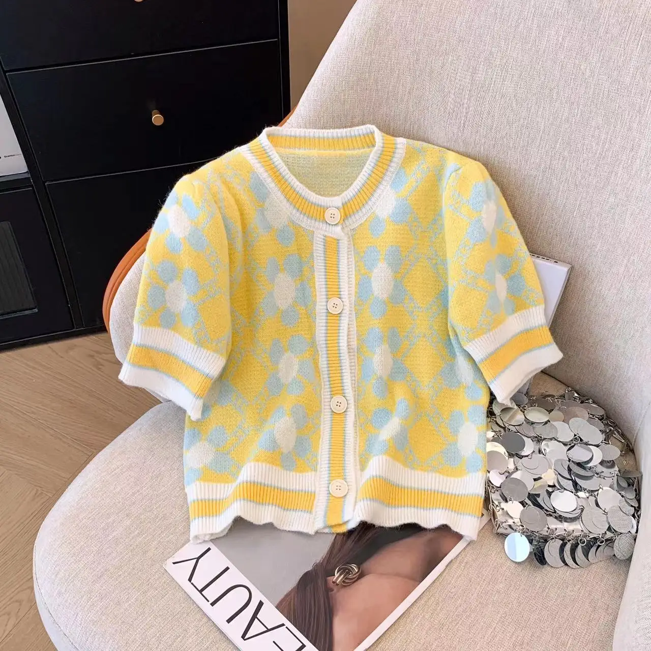 Sweet Printed Knitted T Shirt Women Summer Patchwork Short Sleeve Crop Tops Woman Summer V Neck Korean Fashion Cardigan Sweater