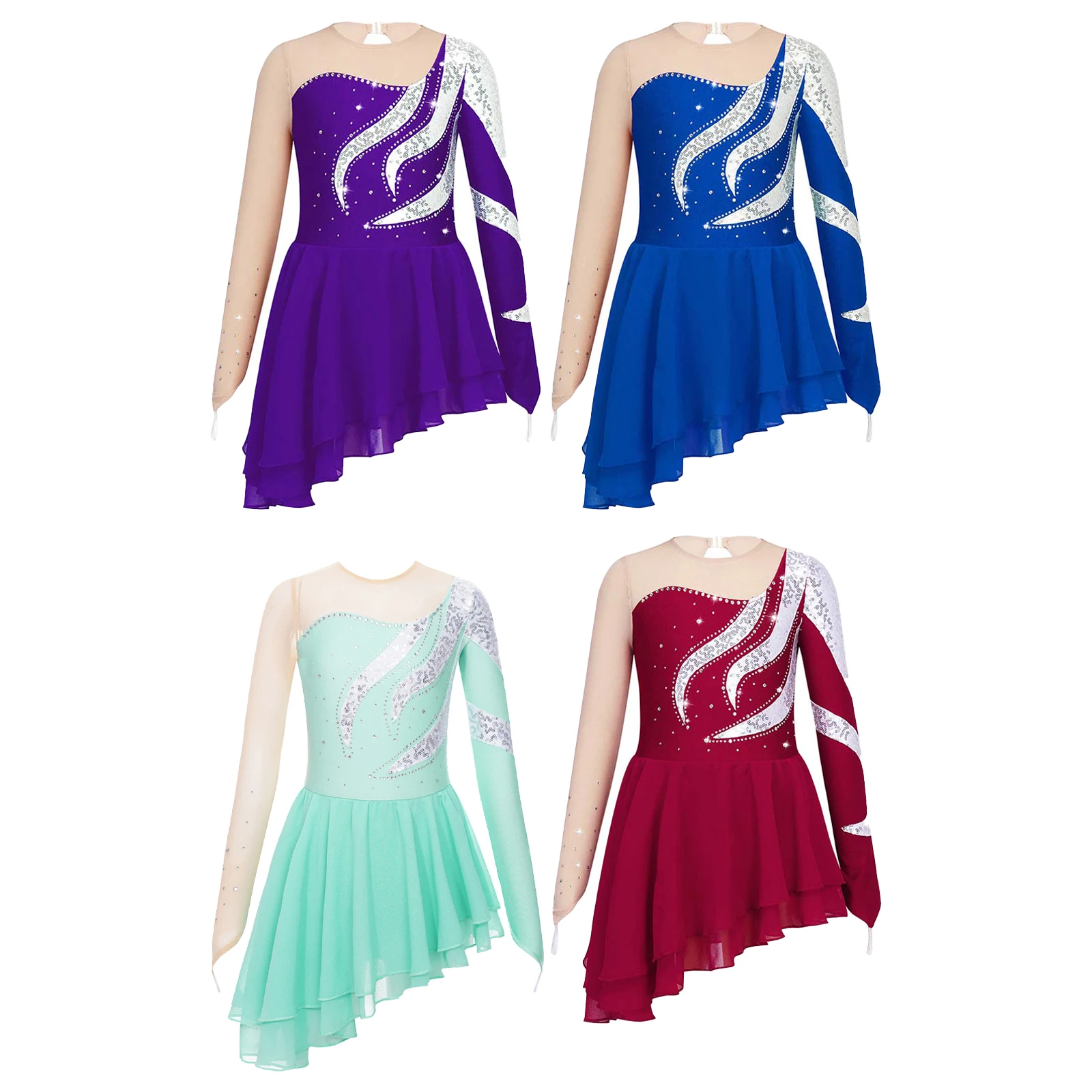 Figure Ice Skating Dress for Kids Girls Long Sleeve Gymnastics Workout Ballroom Ballet Dance Leotard for Show Stage Performance