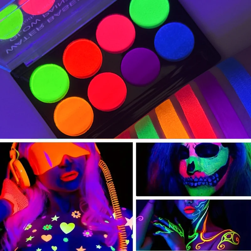 8 Color Face Paint with Sticker Luminiscent Face Body Painting UV Glow Fluorescent Glowing Halloween Party Fancy Dress Beauty