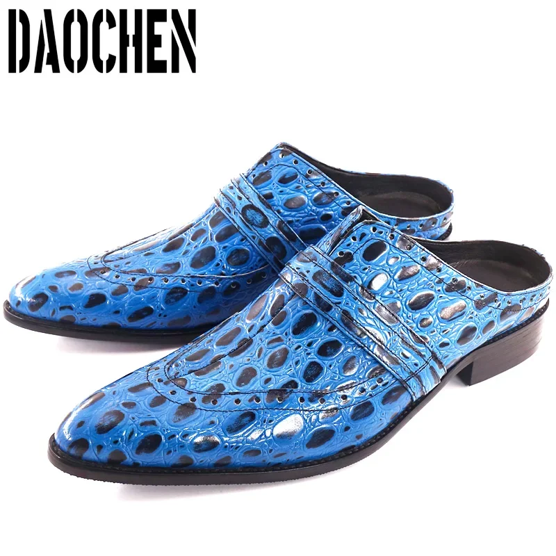 

Luxury Mens Leather Shoes Blue Black Slip On Lizard Print Casual Dress Men Shoes Summer Party Banquet Half Shoes For Men