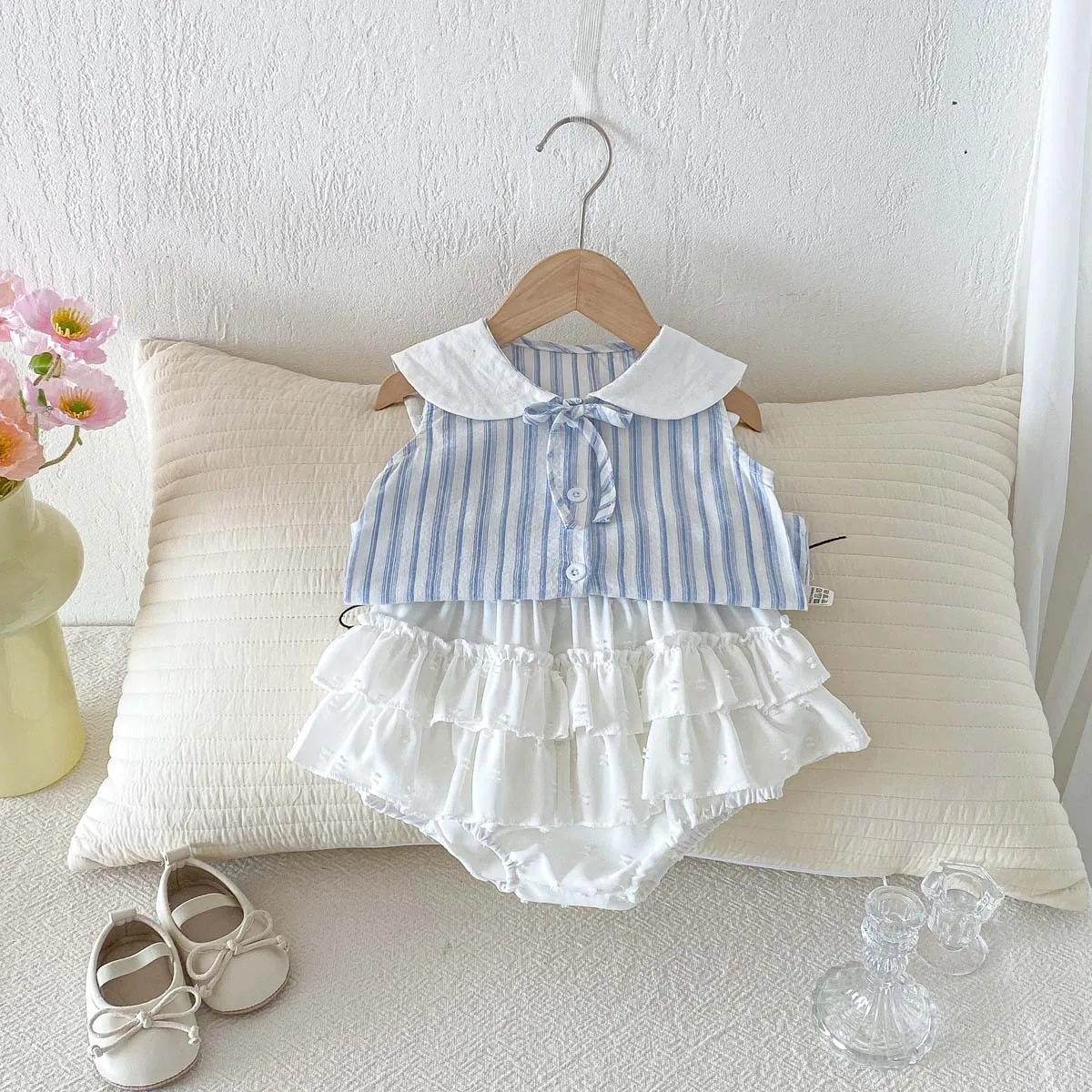 

Girls' Summer New Striped Doll Collar Top Cake Skirt Pants Set Baby Bow Academy Wind Clothes
