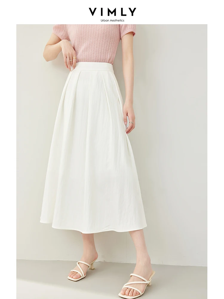 Vimly Summer White A-line Umbrella Skirt Women 2024 Elegant Elastic High Waist Swing Flared Midi Skirts Woman Clothing M6885 vimly light blue lazy style o neck sweatshirt women s long sleeve top 2024 spring cotton casual loose pullovers clothing m5900