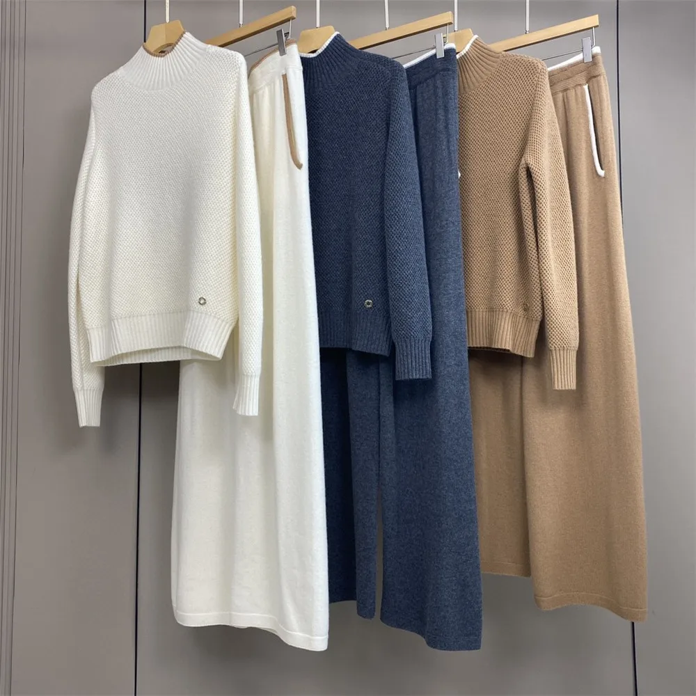 L*P High Collar ContrastColor Knitted Sweater + Elastic Waist Wide Leg Pants Cashmere Suit for Female 2 Piece Set