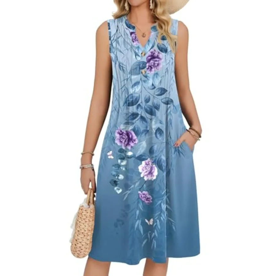 

Zeagoo Women Summer Casual Dress 2026 Sleeveless Midi Tank Sundress with Pockets V Neck Buttons Pleated A Line Tshirt Dress