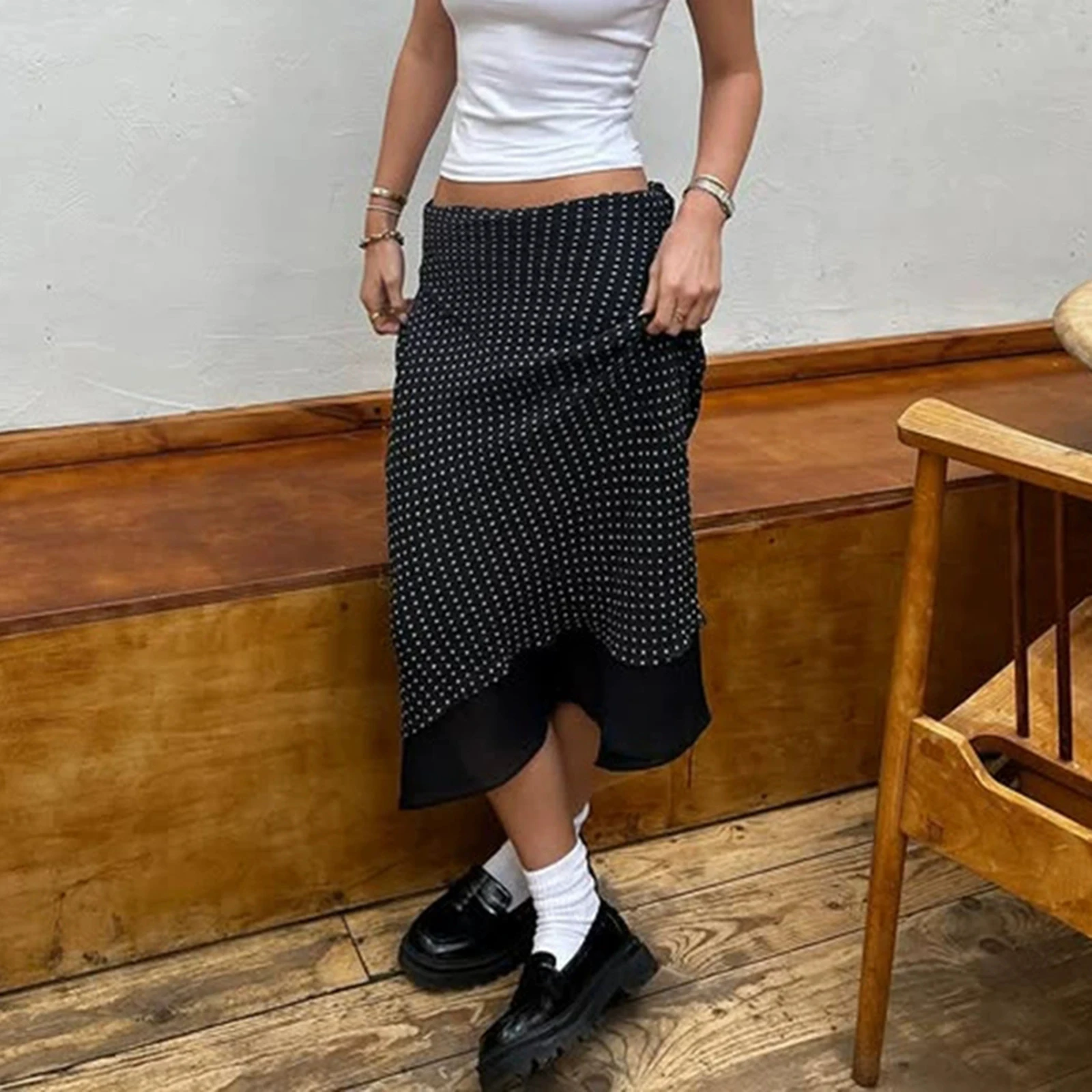 

Women Y2k Vintage Polka Dot Straight Skirt High Street Y2K Mesh Patchwork Long Skirt E-Gril 90s Retro Summer Outfits Streetwear