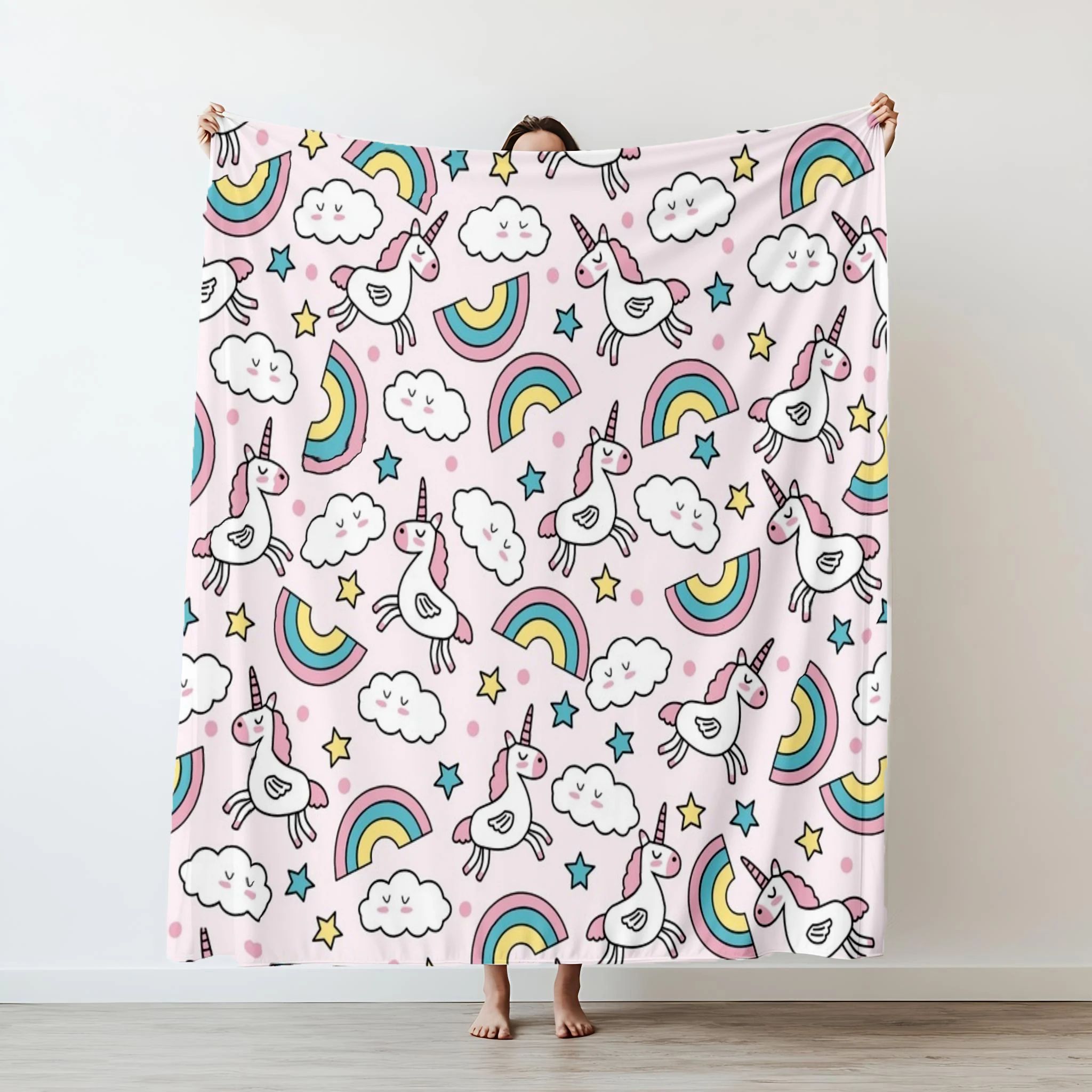 1 Stück niedlicher Regenbogen-Einhorn-Druck, weiche, dünne Decke, Flanell-Dekoration, geeignet für Sofas, Schlafzimmer, klimatisierte Räume, Geschenke